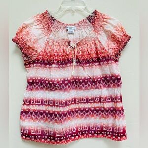 Women's Liz Claiborne Cream Coral Purple Boho Peasant Top size Petite Large